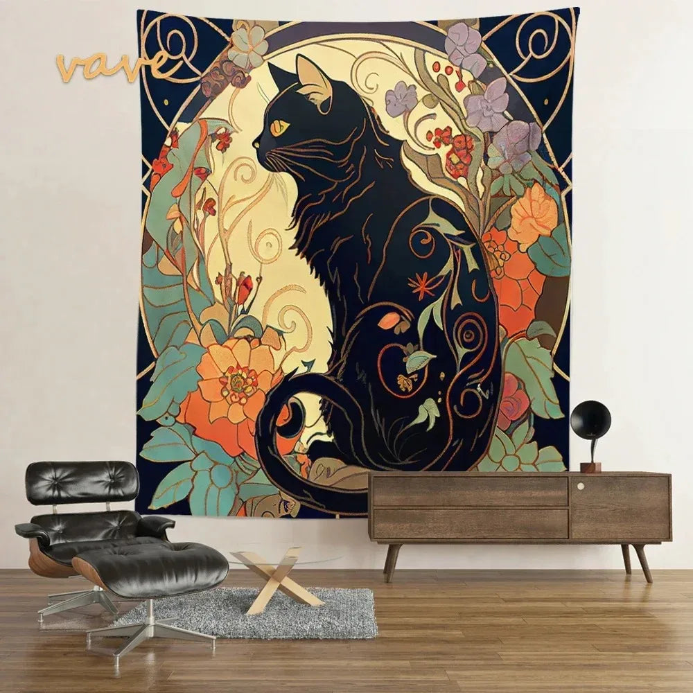Chat noir majestueux et fleurs dorées