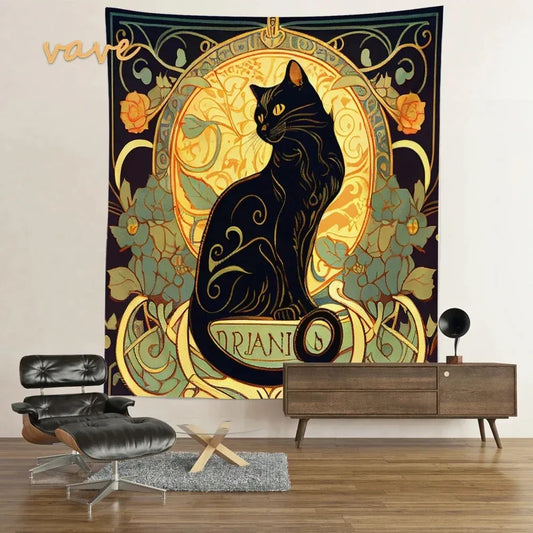Chat noir mystique au design vintage et floral