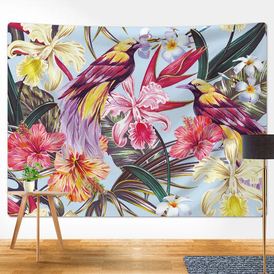 Exotic birds and lush flowers