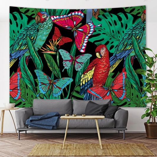 Exotic parrots and colorful butterflies