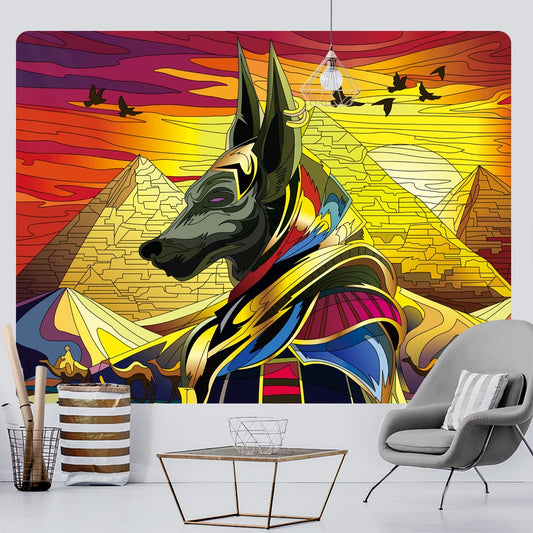 Anubis, guardian of the pyramids at sunset